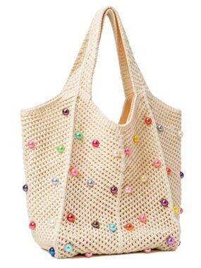 Boho Crochet Tote Bag Beaded Shoulder Bag for Beach